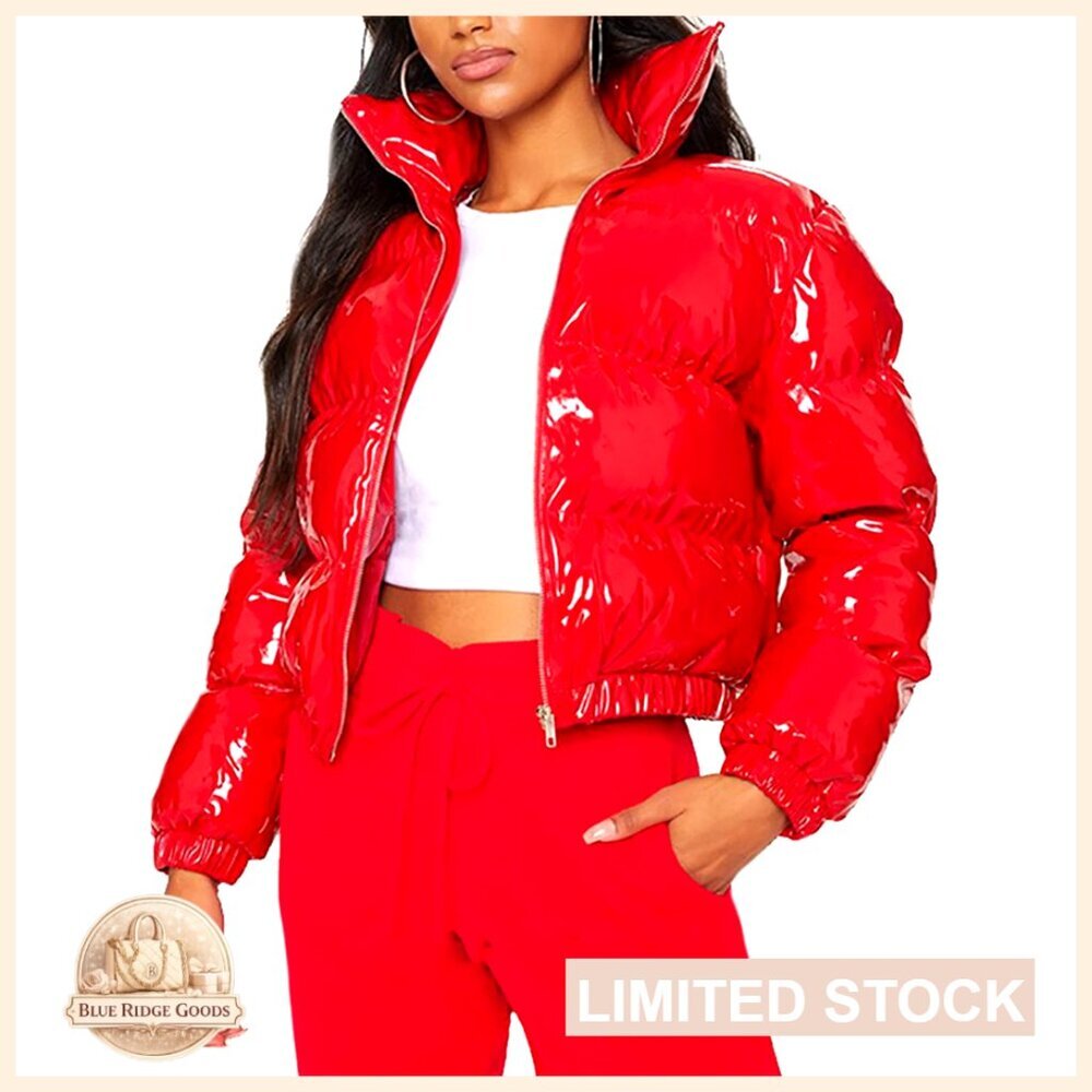Cropped Puffer Jacket Shiny Zip Up Winter Coat Women's Size Small